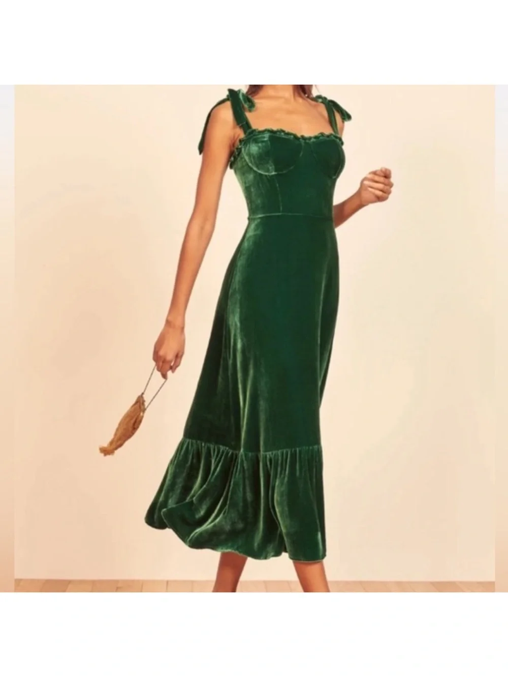 Reformation Emerald Velvet Tie-Strap Ruffle Midi Dress USA M 6